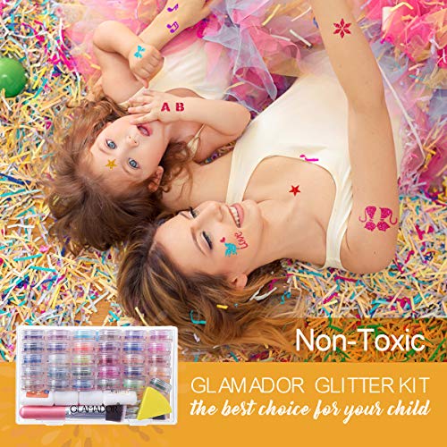 Kit de Tatuajes Temporales-GLAMADOR Brillo de Tatuaje 30 Colores, 145 Únicas Plantillas,4 Pinceles-Carnaval,Fiestas Cumpleaños,Eventos- Impermeable,No Tóxico,Regalo para Niños