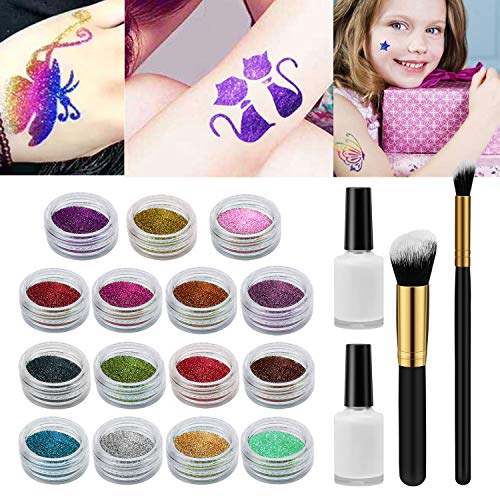 Kit de Tatuajes Temporales, Pintura Facial para el Cuerpo con 15 Colores de Brillo y 48 Hojas Únicas Plantilla de Tatuaje Temático Impermeable No Tóxico para Niños en Fiestas Cumpleaños y Eventos