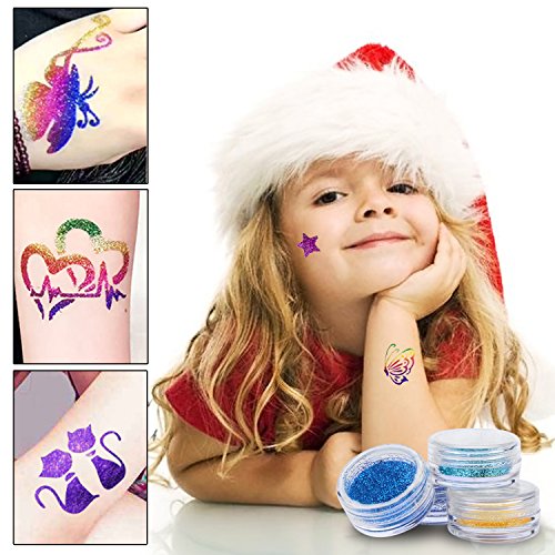 Kit de Tatuajes Temporales, Pintura Facial para el Cuerpo con 15 Colores de Brillo y 48 Hojas Únicas Plantilla de Tatuaje Temático Impermeable No Tóxico para Niños en Fiestas Cumpleaños y Eventos