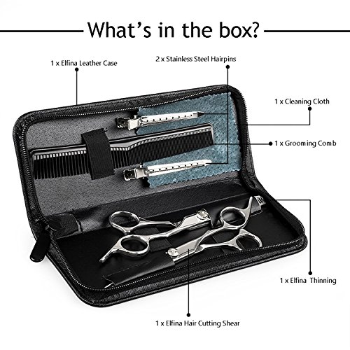 Kit de Tijeras Profesionales de la Peluquería, ELFINA Cortador de Pelo del Acero Inoxidable Tijeras de Bigote de 6 Pulgadas, para Cortar y Entresacar para Peluquero y Salón de Corte de Cabello