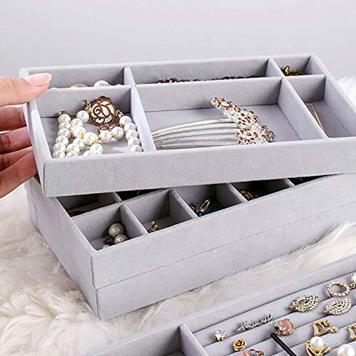 Kitchenmore Bandejas Joyas Bandeja Almacenamiento Joyas Organizador de Anillos Organizador Cajones Joyas Exhibidor Organizador de Joyas Gris Compartimentos para Pendientes, Anillos
