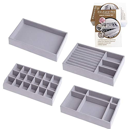 Kitchenmore Bandejas Joyas Bandeja Almacenamiento Joyas Organizador de Anillos Organizador Cajones Joyas Exhibidor Organizador de Joyas Gris Compartimentos para Pendientes, Anillos