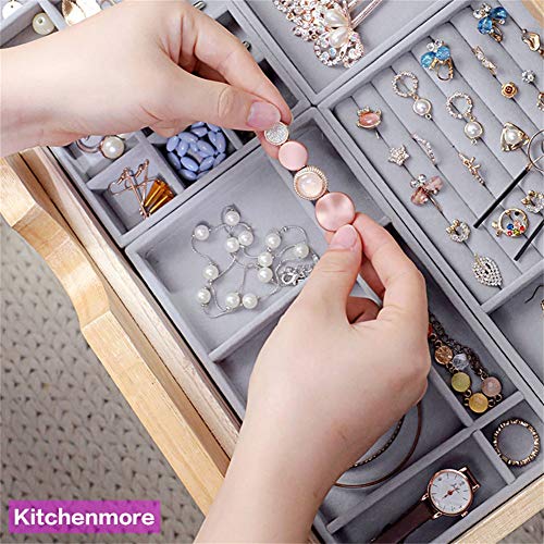 Kitchenmore Bandejas Joyas Bandeja Almacenamiento Joyas Organizador de Anillos Organizador Cajones Joyas Exhibidor Organizador de Joyas Gris Compartimentos para Pendientes, Anillos