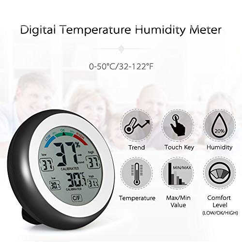 KKmoon termómetro, pantalla de 3.3 pulgadas LCD pequeño, digital, higrómetro, temperatura, para interiores, negro, max. mini. touche