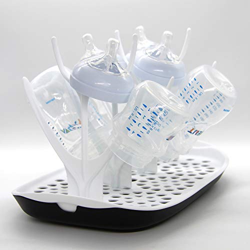 KLAGENA escurridor para biberones y accesorios, blanco/azul, para max. 8 botellas (de hasta 330 ml)/ soporte para botellas/botellero/secador/escurreplatos/escurrebotellas