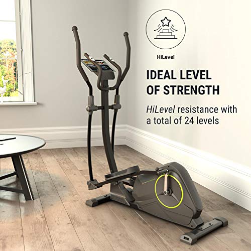 KLAR FIT Klarfit Epsylon Cross AS Bicicleta elíptica - Volante de inercia de 12 kg, 24 Niveles, Tracción por Correa, Pulsómetro, Soporte para Tablet, Certificación TÜV, Acero, hasta 120 kg, Negro