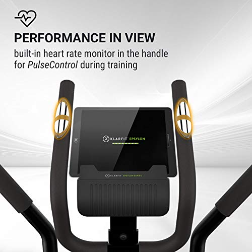 KLAR FIT Klarfit Epsylon Cross AS Bicicleta elíptica - Volante de inercia de 12 kg, 24 Niveles, Tracción por Correa, Pulsómetro, Soporte para Tablet, Certificación TÜV, Acero, hasta 120 kg, Negro