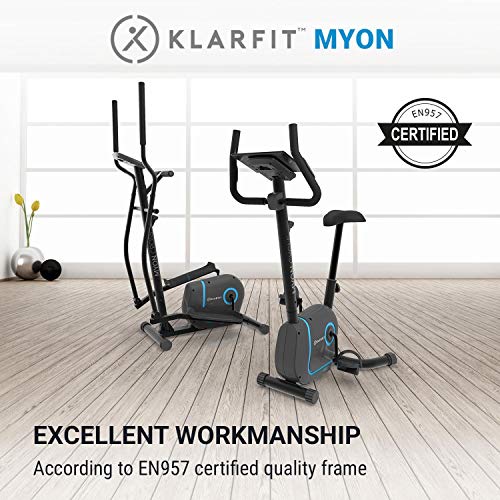 Klarfit Myon Cycle - Bicicleta estática, Volante de inercia de 12kg, Tracción por Correa con tecnología Silent Belt, 8 Niveles, Pulsómetro, Altura Regulable, Soporte para Tablet, Negro