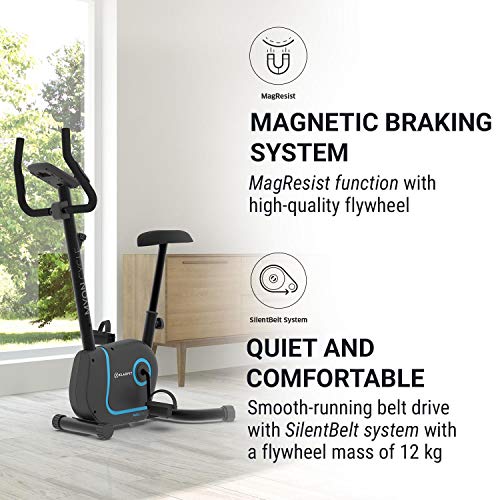 Klarfit Myon Cycle - Bicicleta estática, Volante de inercia de 12kg, Tracción por Correa con tecnología Silent Belt, 8 Niveles, Pulsómetro, Altura Regulable, Soporte para Tablet, Negro