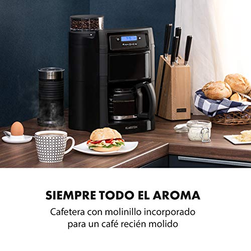 Klarstein Aromatica II - Máquina de café con molinillo cónico, 5 niveles, Jarra de cristal 1,25 L, Temporizador 24h, Filtro de carbón activo, Potencia 1000 W, Antigoteo, Display LED, Negro