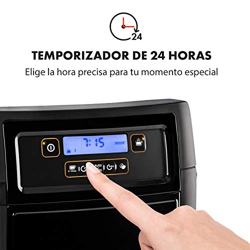 Klarstein Aromatica II - Máquina de café con molinillo cónico, 5 niveles, Jarra de cristal 1,25 L, Temporizador 24h, Filtro de carbón activo, Potencia 1000 W, Antigoteo, Display LED, Negro