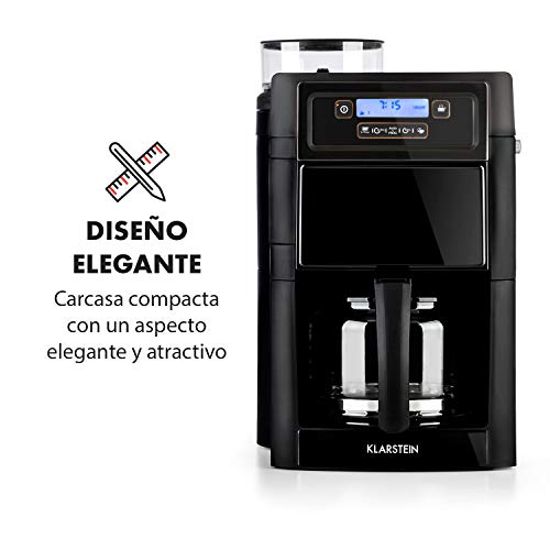 Klarstein Aromatica II - Máquina de café con molinillo cónico, 5 niveles, Jarra de cristal 1,25 L, Temporizador 24h, Filtro de carbón activo, Potencia 1000 W, Antigoteo, Display LED, Negro