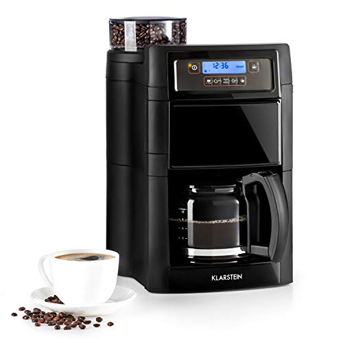 Klarstein Aromatica II - Máquina de café con molinillo cónico, 5 niveles, Jarra de cristal 1,25 L, Temporizador 24h, Filtro de carbón activo, Potencia 1000 W, Antigoteo, Display LED, Negro