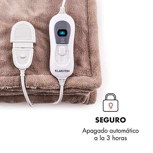 Klarstein Dr. Watson - Manta eléctrica, Potencia de 120 W, 3 Niveles, Temporizador, Apagado automático, Temperatura 35-45 °C, Apto Lavadora, Microfibra, Mando extraíble, 180 x 130 cm, Beige