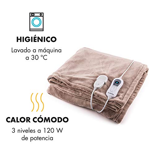 Klarstein Dr. Watson - Manta eléctrica, Potencia de 120 W, 3 Niveles, Temporizador, Apagado automático, Temperatura 35-45 °C, Apto Lavadora, Microfibra, Mando extraíble, 180 x 130 cm, Beige
