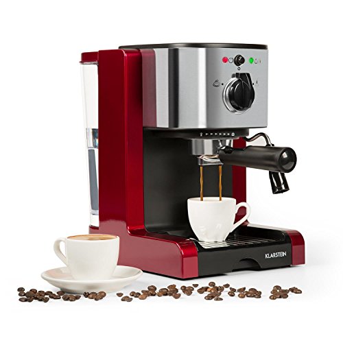 Klarstein Passionata Rossa 20 - Máquina de espresso, Cafetera automática, Espumadora, 1350W, 1,25L de capacidad (6 Tazas), Descarga de presión automática, Incluye boquilla de vapor, Rojo