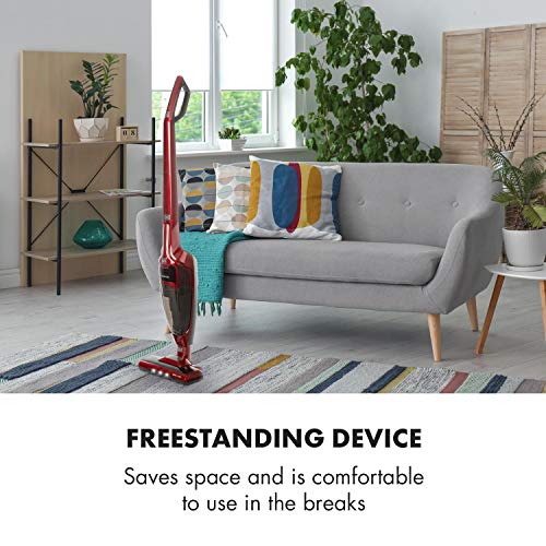 Klarstein TurboHybrid - Aspiradora por ciclón sin Bolsa, para Suelos y de Mano, con batería, Luces LED, 2 Niveles de Potencia, Ocupa Poco Espacio, Boquillas, Estación de Carga, Metálico-Rojo