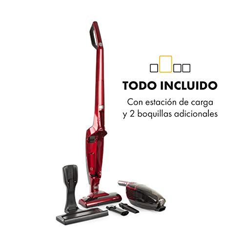 Klarstein TurboHybrid - Aspiradora por ciclón sin Bolsa, para Suelos y de Mano, con batería, Luces LED, 2 Niveles de Potencia, Ocupa Poco Espacio, Boquillas, Estación de Carga, Metálico-Rojo