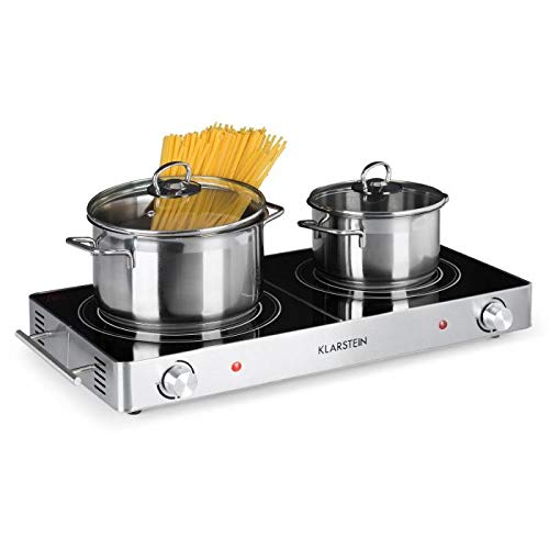 Klarstein VariCook Duo Silver Edition - Placa vitrocerámica, Cocción doble, Potencia: 1800W-20cm Ø, 1200W-16,5cm Ø, Indicadores luminosos, Calentador halógeno, Acero inoxidable, Gris/negro
