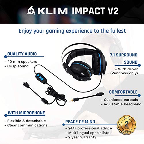 KLIMTM IMPACT V2 Cascos Gaming USB - Sonido Envolvente 7.1 + Aislante de Ruidos - Audio de Alta Definición + Potentes Bajos - Auriculares de Diadema con Micrófono para Videojuegos PC PS4 Versión 2020
