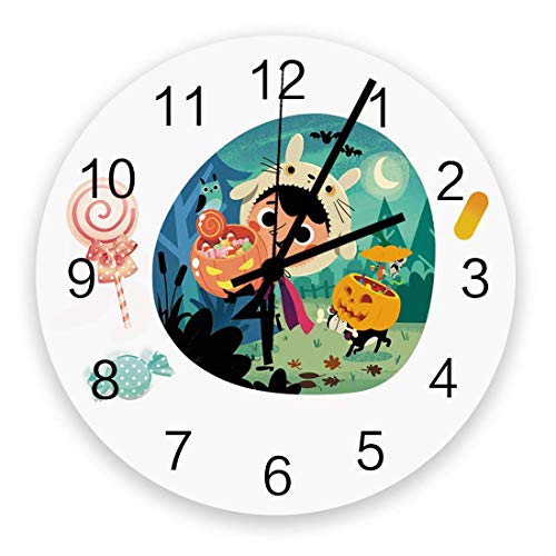Kncsru Reloj de Pared Redondo con Dibujos Animados de Halloween, Truco o Trato, niño silencioso, sin tictac, Funciona con Pilas para decoración del hogar, 9,88 Pulgadas