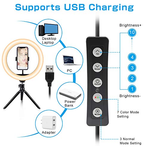 KNMY Anillo de luz, Luz de Anillo LED 10 Pulgadas Fotográfica de Escritoriopara Teléfono 10 Modos de Iluminación 10 Niveles de Brillo para Youtube Transmisión Maquillaje, Youtube, TIK Tok