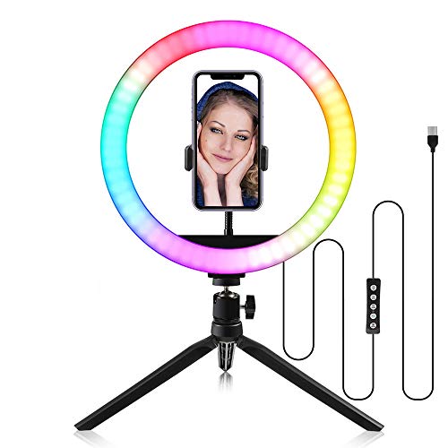 KNMY Anillo de luz, Luz de Anillo LED 10 Pulgadas Fotográfica de Escritoriopara Teléfono 10 Modos de Iluminación 10 Niveles de Brillo para Youtube Transmisión Maquillaje, Youtube, TIK Tok