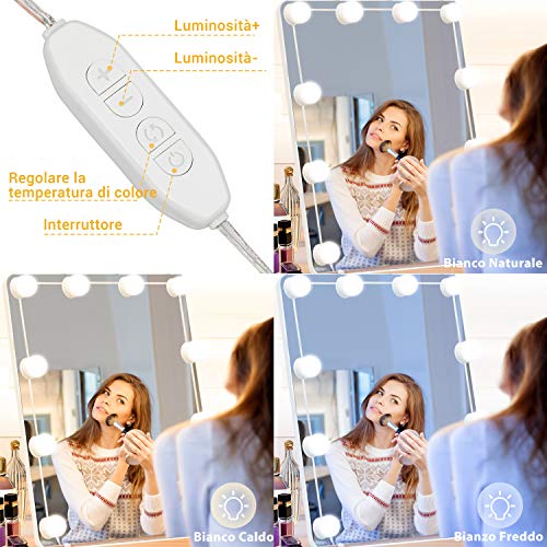 Kohree Luces para Espejo de Maquillaje LED Luces Tocador Estilo Hollywood 10 Bombillas regulables 3 Modos de Color con USB Puerto Luz Espejo Maquillaje Tocador Espejo Baño Regalo para Fiesta Cumpleaño