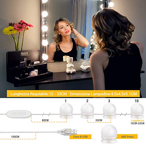 Kohree Luces para Espejo de Maquillaje LED Luces Tocador Estilo Hollywood 10 Bombillas regulables 3 Modos de Color con USB Puerto Luz Espejo Maquillaje Tocador Espejo Baño Regalo para Fiesta Cumpleaño