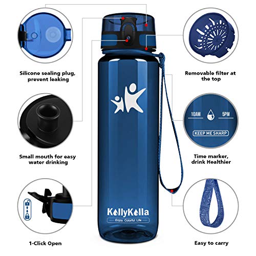 KollyKolla Botella Agua Sin BPA Deportes - 350ml, Reutilizables Ecológica Tritan Plástico, Bebidas Botellas con Filtro & Marcador de Tiempo, para Niños, Tapa Abatible de 1 Clic, Azul Oscuro Brillante