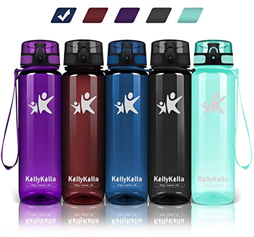 KollyKolla Botella Agua Sin BPA Deportes - 350ml, Reutilizables Ecológica Tritan Plástico, Bebidas Botellas con Filtro & Marcador de Tiempo, para Niños, Tapa Abatible de 1 Clic, Azul Oscuro Brillante
