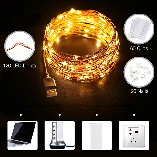 Kolpop USB Clip Cadena de Luces LED, 12m 120 LED Colgar Fotos de Luces 60 Pinzas Para Fotos Fotoclips Guirnalda de Luces Pinzas con Luz para Colgar Fotos Por Decoración,Habitaciones, Bodas,Cumpleaños