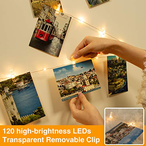 Kolpop USB Clip Cadena de Luces LED, 12m 120 LED Colgar Fotos de Luces 60 Pinzas Para Fotos Fotoclips Guirnalda de Luces Pinzas con Luz para Colgar Fotos Por Decoración,Habitaciones, Bodas,Cumpleaños