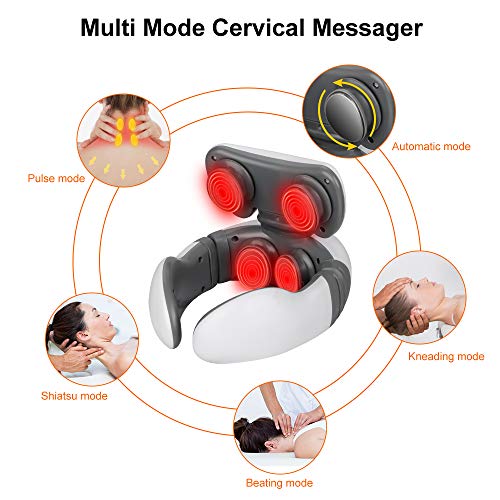 Komake Masajeador de Cuello, Masajeador de Cuello Inteligente de Pulso Eléctrico con Función de Calentamiento, Masaje de Amasamiento de 4 Modos, Alivio del Dolor de Espalda y Cuello