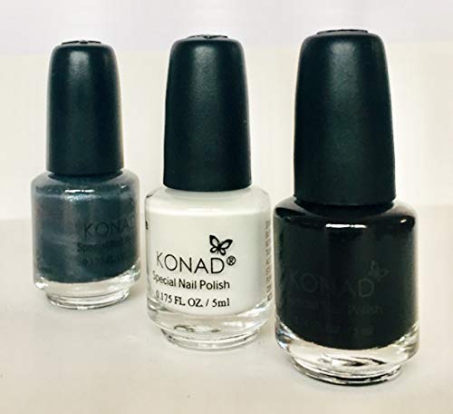KONAD- Kit 3 esmaltes para estampar 5ml: Black, White, Powdery silver