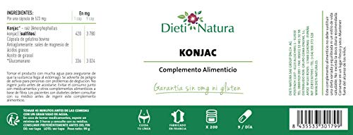 Konjac 200 cápsulas de Dieti Natura. Moderación del apetito [Fabricado en Francia][Garantía Sin OGM ni Gluten] (Bote de 200 cápsulas)