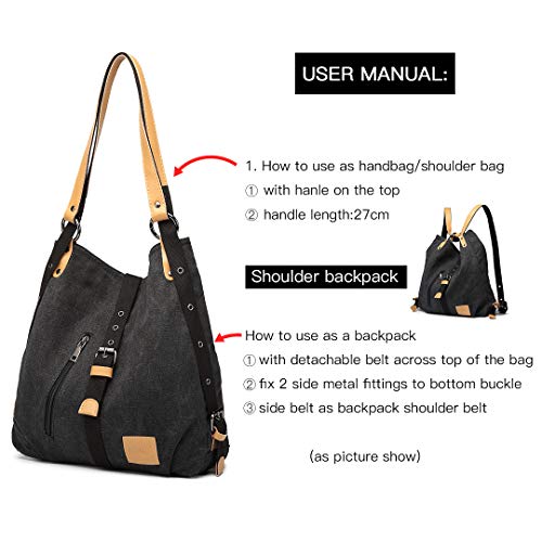 Kono Mochila de bandolera, bolsos de lona versátiles y multifuncionales para las mujeres niñas, elegantes bolsos cruzados, mochila duradera para viajes de gran capacidad para portátiles (Negro)