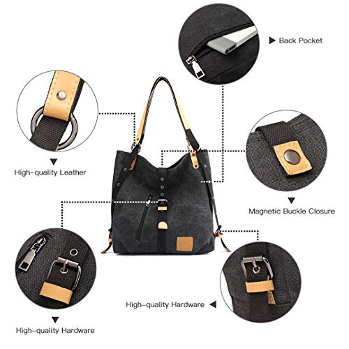Kono Mochila de bandolera, bolsos de lona versátiles y multifuncionales para las mujeres niñas, elegantes bolsos cruzados, mochila duradera para viajes de gran capacidad para portátiles (Negro)