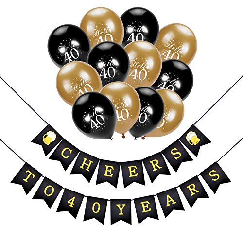 Konsait cumpleaños pancartas de Banderines Cheers to 40 Years con 30 Dorados y Negro Globos De Látex Globos Perlados para Adultos 40 Años de Antigüedad Fiesta de Cumpleaños Decoraciones