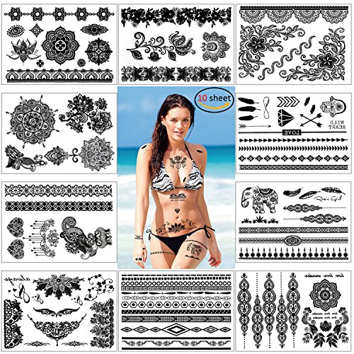 Konsait Falsos joyas Tatuaje temporal impermeable Arte Corporal Tatuajes Adhesivos Tatoos negro brazo cuello para mujeres Niños niñas, Mandala Boho diseños (10 hojas)