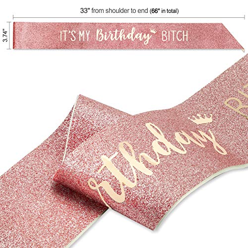 Konsait Rosa Oro Brillantes cumpleaños Faja, It's my Birthday Bitch Banda de satén Sash para niña Mujer 16 21 30 40 50 60 18 Años cumpleaños Fiesta de Decoración Accesorios Regalo