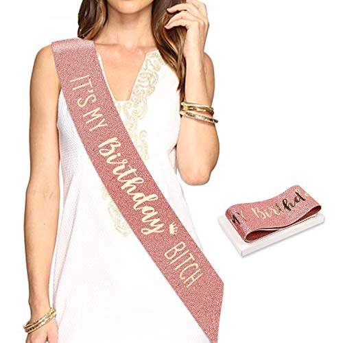 Konsait Rosa Oro Brillantes cumpleaños Faja, It's my Birthday Bitch Banda de satén Sash para niña Mujer 16 21 30 40 50 60 18 Años cumpleaños Fiesta de Decoración Accesorios Regalo