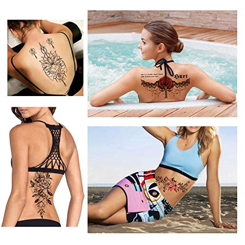 Konsait Tatuajes temporales para adultos Mujer (13 hojas), impermeable Flor Tatuaje Temporal negro Tribal Mandala Adhesivos Tatuajes de cuerpo temporales brazo cuello