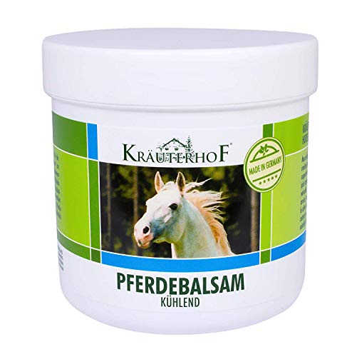 Kräuterhof- Bálsamo de caballo, enfría y revitaliza, extracto valioso de hierbas de castaño de Indias, árnica, romero y aceite de menta, bote sellado con lámina de aluminio