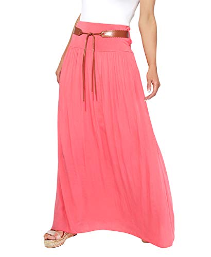 KRISP 4809-COR-SM, Falda Larga Bohemia Elegante Plisada Hippie Cintura Elástica, Coral (4809), S/M