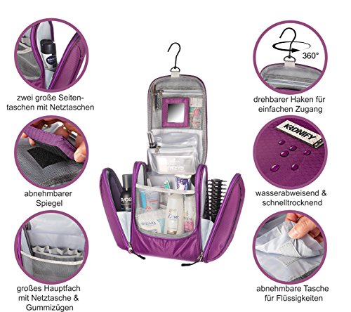 KRONIFY Bolsa de Aseo para Colgar Hombres y Mujeres I Neceser cosmético Hombre Grande Mujer para Maletas y Equipaje de Mano I Neceser de Viaje (Lila)