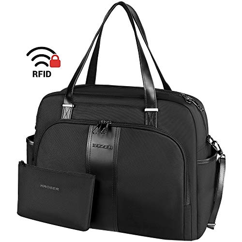 KROSER Bolso Tote para Portátil 15.6" Bandolera con Estilo para Portátil Maletín Hidrófugo Bolsa Grande de Viaje con Bolsillos RFID para Trabajo/Negocios/Escuela/Universidad/Mujeres - Negro