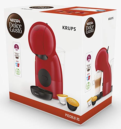 Krups Piccolo XS KP1A05 - Cafetera cápsulas Nestlé Dolce Gusto de 15 bares de presión y 1500 W potencia con depósito de 0.8 L, monodosis multibebidas frías y calientes, manual, compacta, rojo y negro
