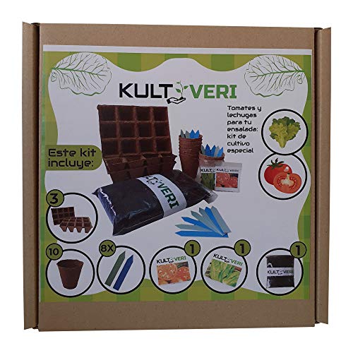 KULTIVERI Set de Cultivo de Lechugas y Tomates de 35 Piezas: Macetas y Semilleros de Germinación Biodegradables. CREA tu Propio Huerto en Casa.