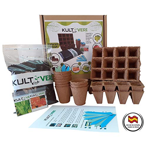 KULTIVERI Set de Cultivo de Lechugas y Tomates de 35 Piezas: Macetas y Semilleros de Germinación Biodegradables. CREA tu Propio Huerto en Casa.